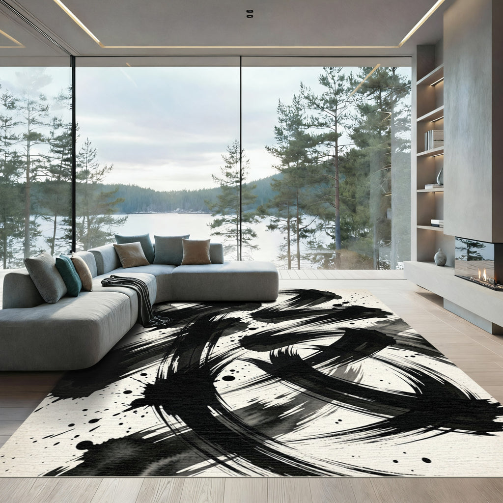 Bold Black Ink Brush Strokes Rug
