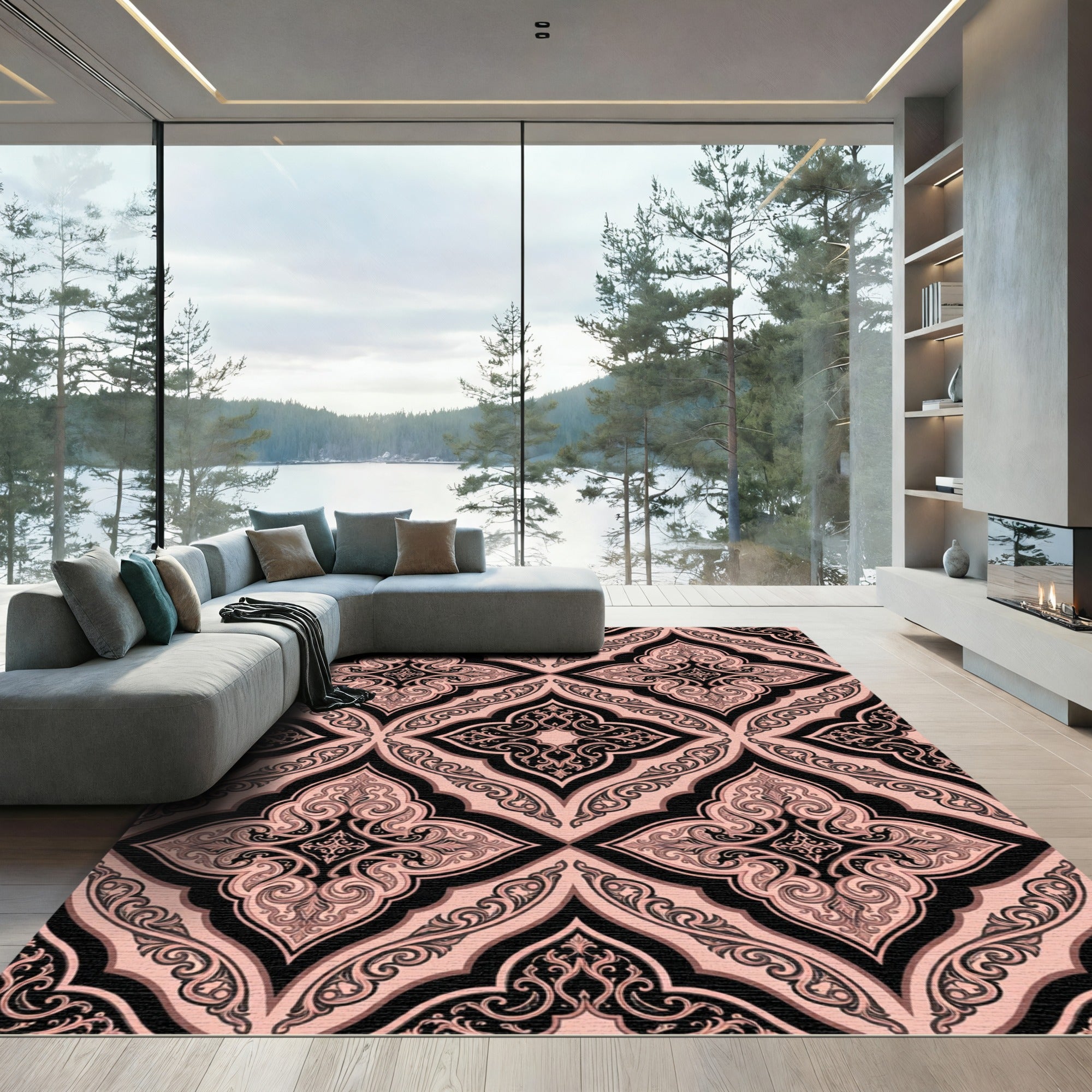 Sophisticated Black and Blush Damask Rug