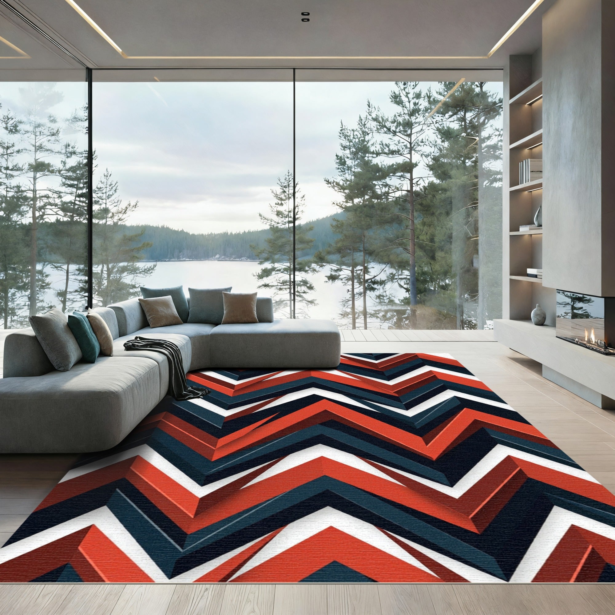 Modern Chevron Geometric Crimson Charcoal Rug