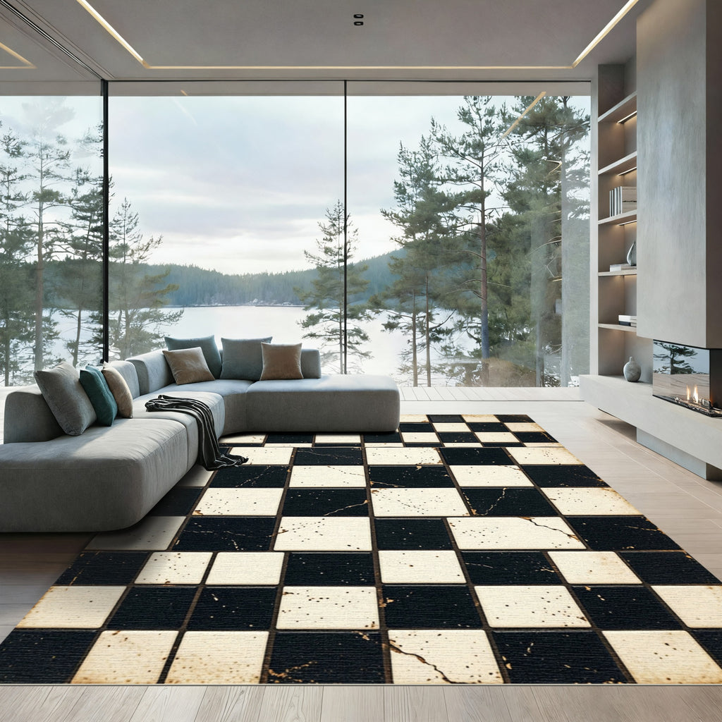 Black and White Splatter Checkerboard Rug