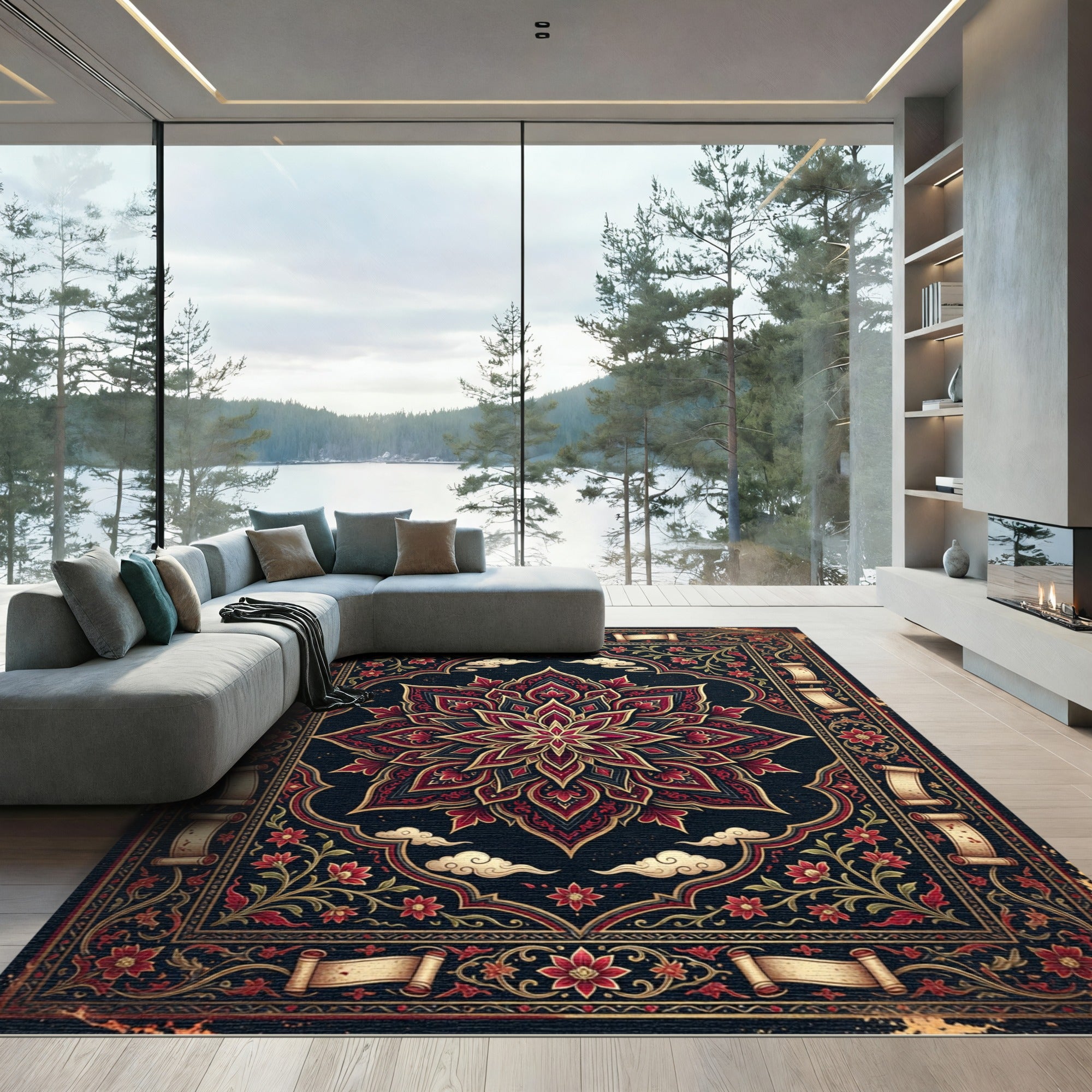 Midnight Crimson Gold Floral Lotus Rug