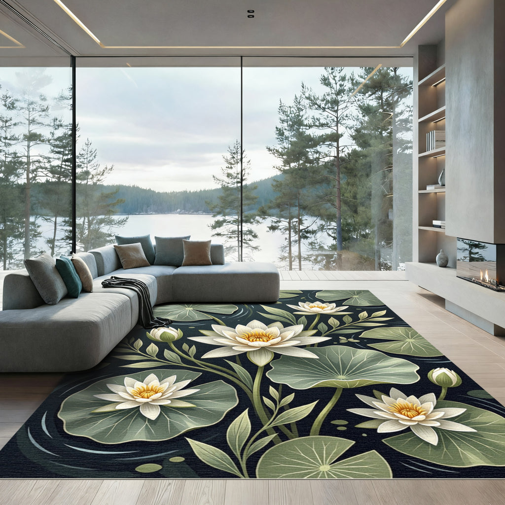 Serene White Lotus Botanical Pond Rug