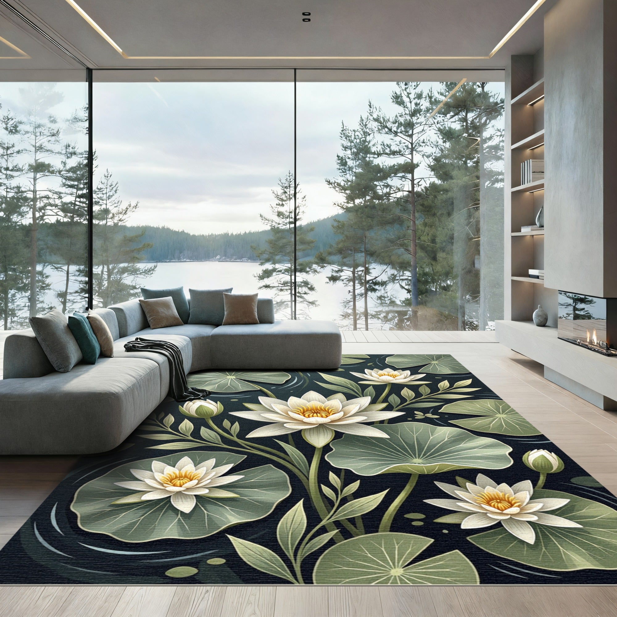 Serene White Lotus Botanical Pond Rug