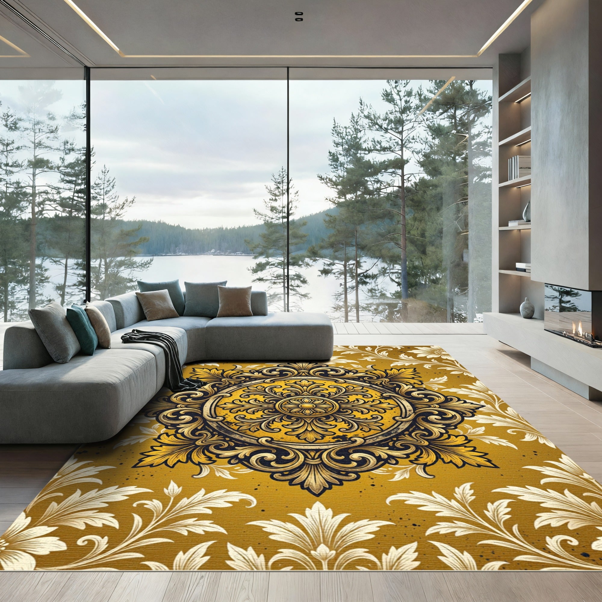 Ornate Golden Baroque Circular Medallion Rug