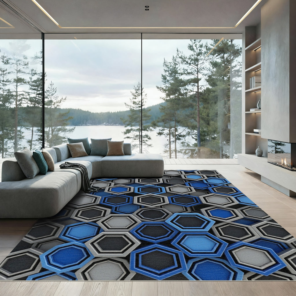 Modern Cobalt and Slate Geometric Hexagon Rug