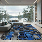 Modern Cobalt and Slate Geometric Hexagon Rug