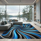 Vibrant Blue and Silver Vortex Swirl Rug