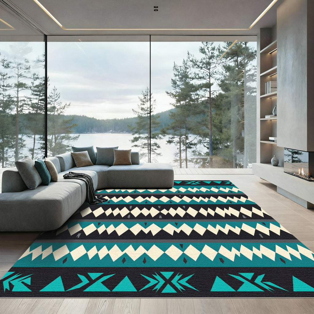 Teal and Cream Geometric Diamond Stripe Rug