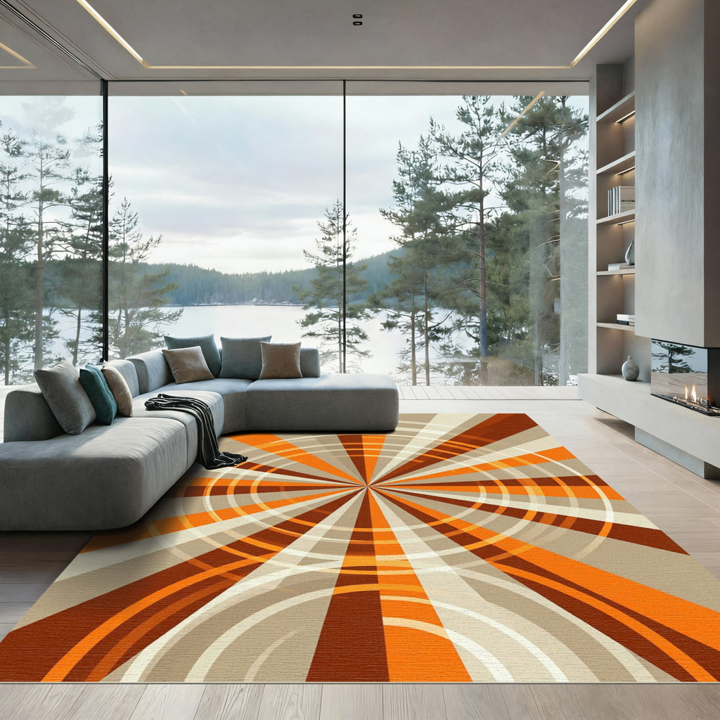 Mid-Century Modern Orange Brown Sunburst Rug