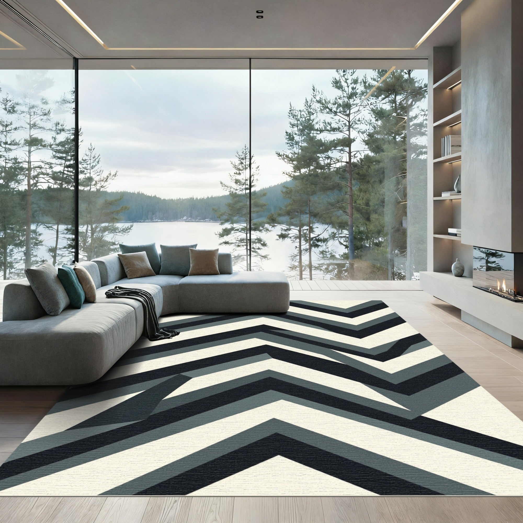 Modern Black Gray Chevron Composition Rug