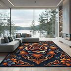 Ornate Orange Blue Rose Mandala Rug