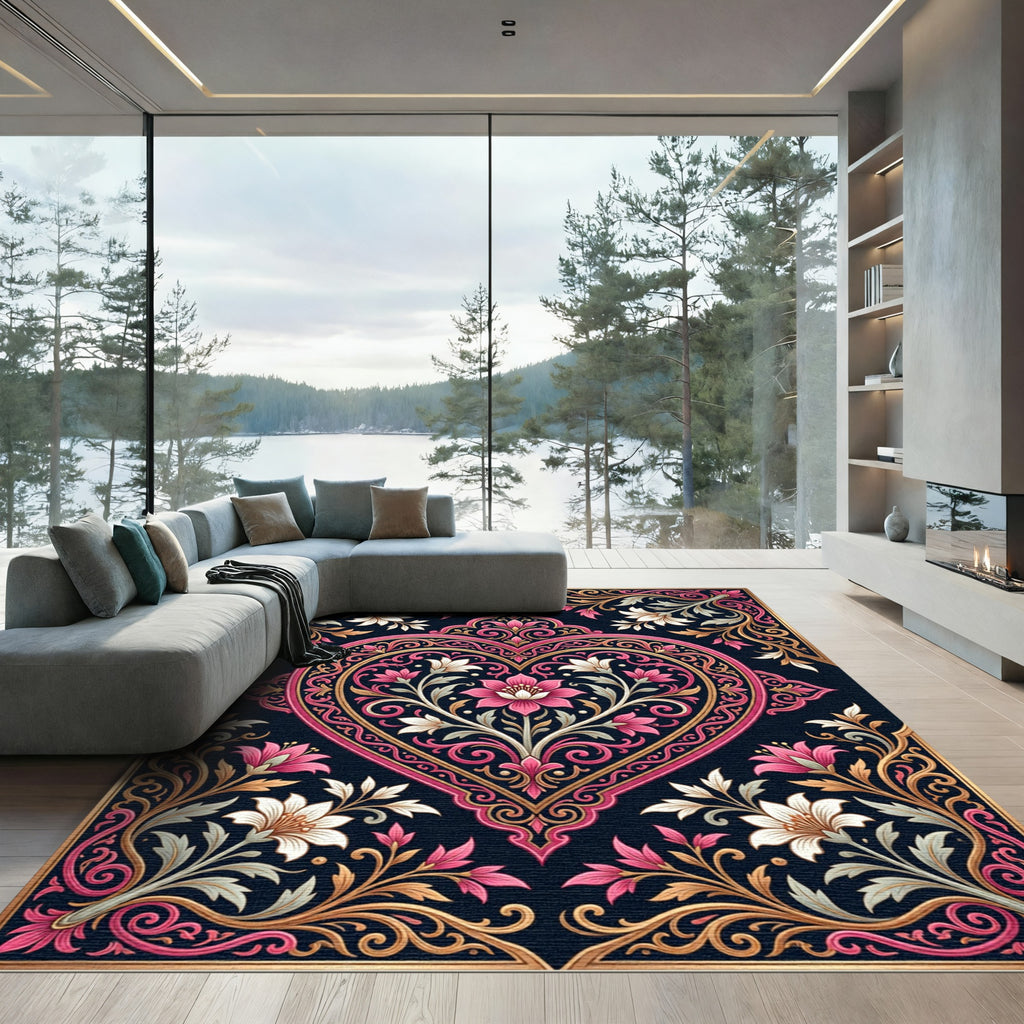 Exquisite Pink Gold Floral Heart Frame Rug