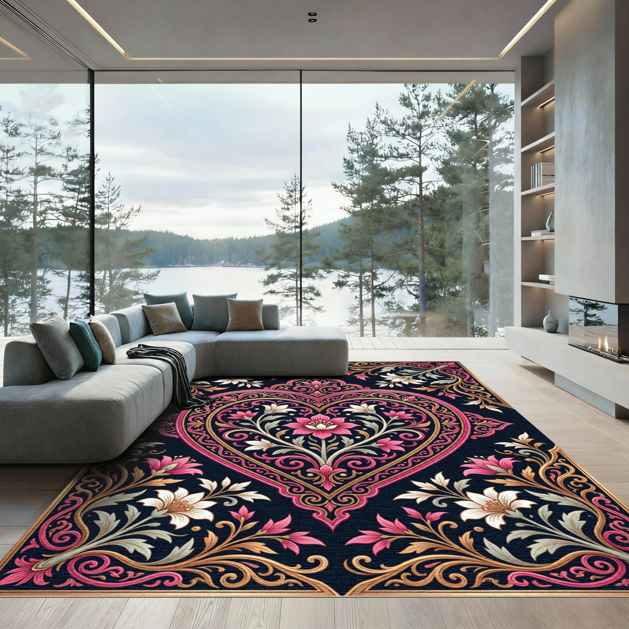 Exquisite Pink Gold Floral Heart Frame Rug