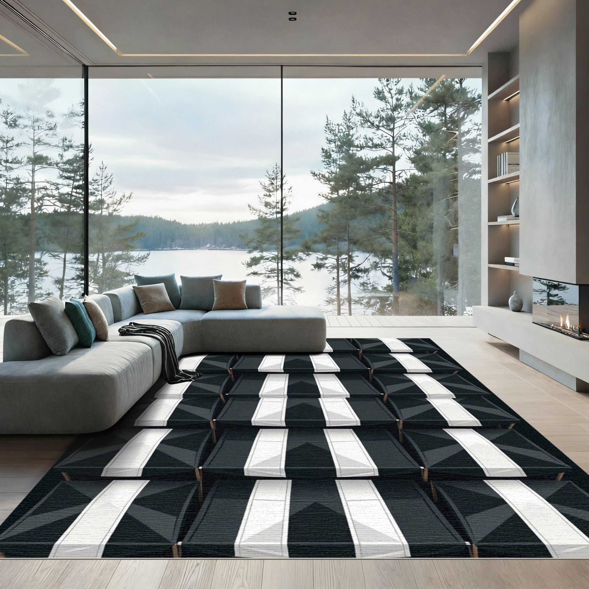 Monochromatic Geometric Stripe Array Rug