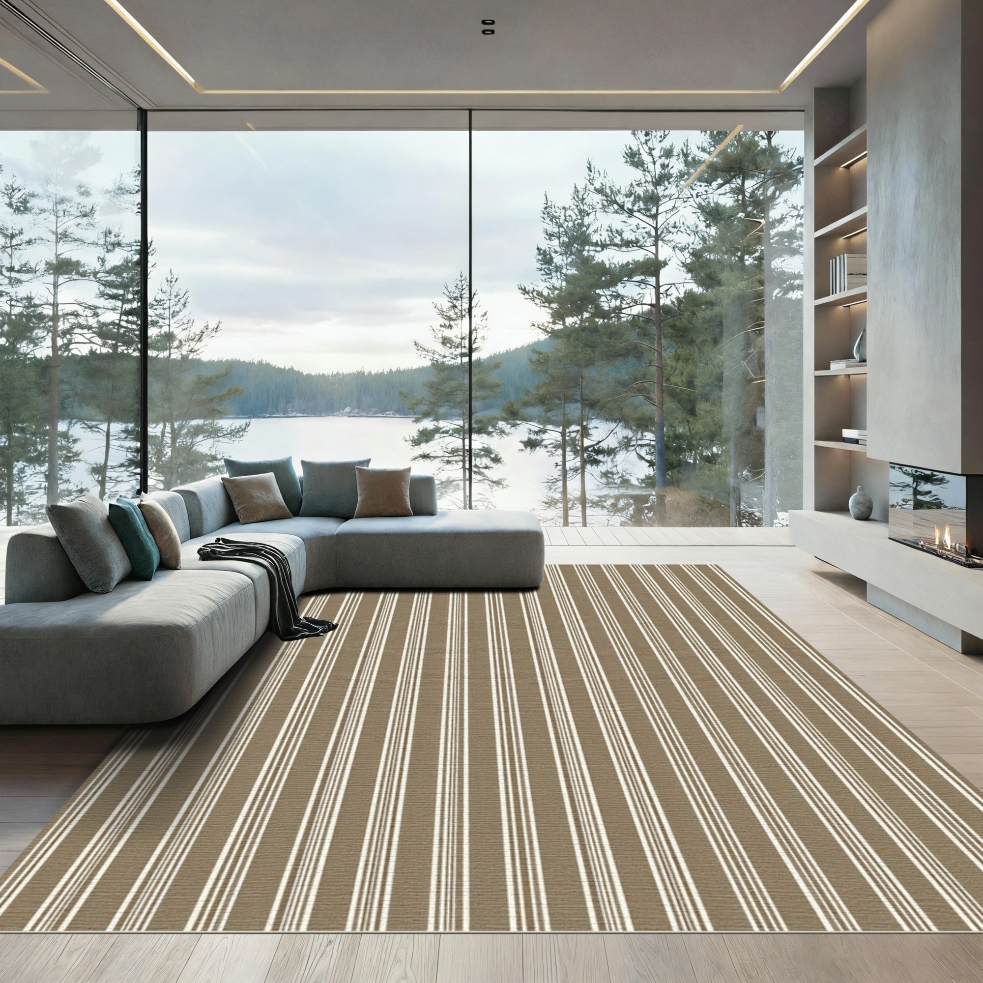 Taupe White Twin Stripe Rug