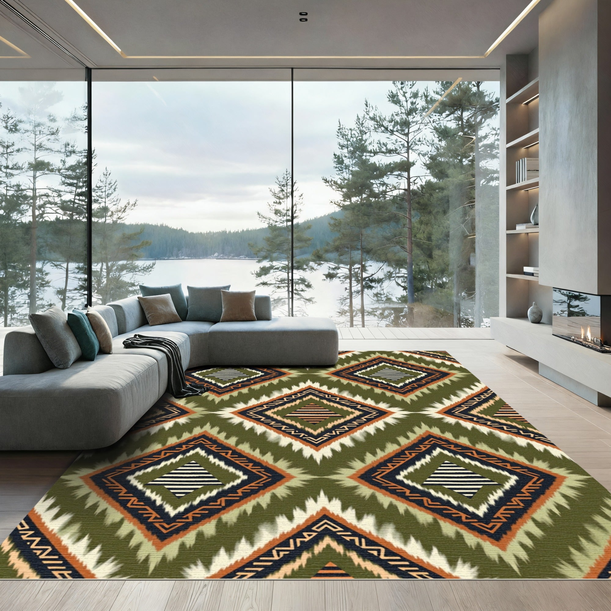 Olive Green Geometric Tribal Diamond Rug
