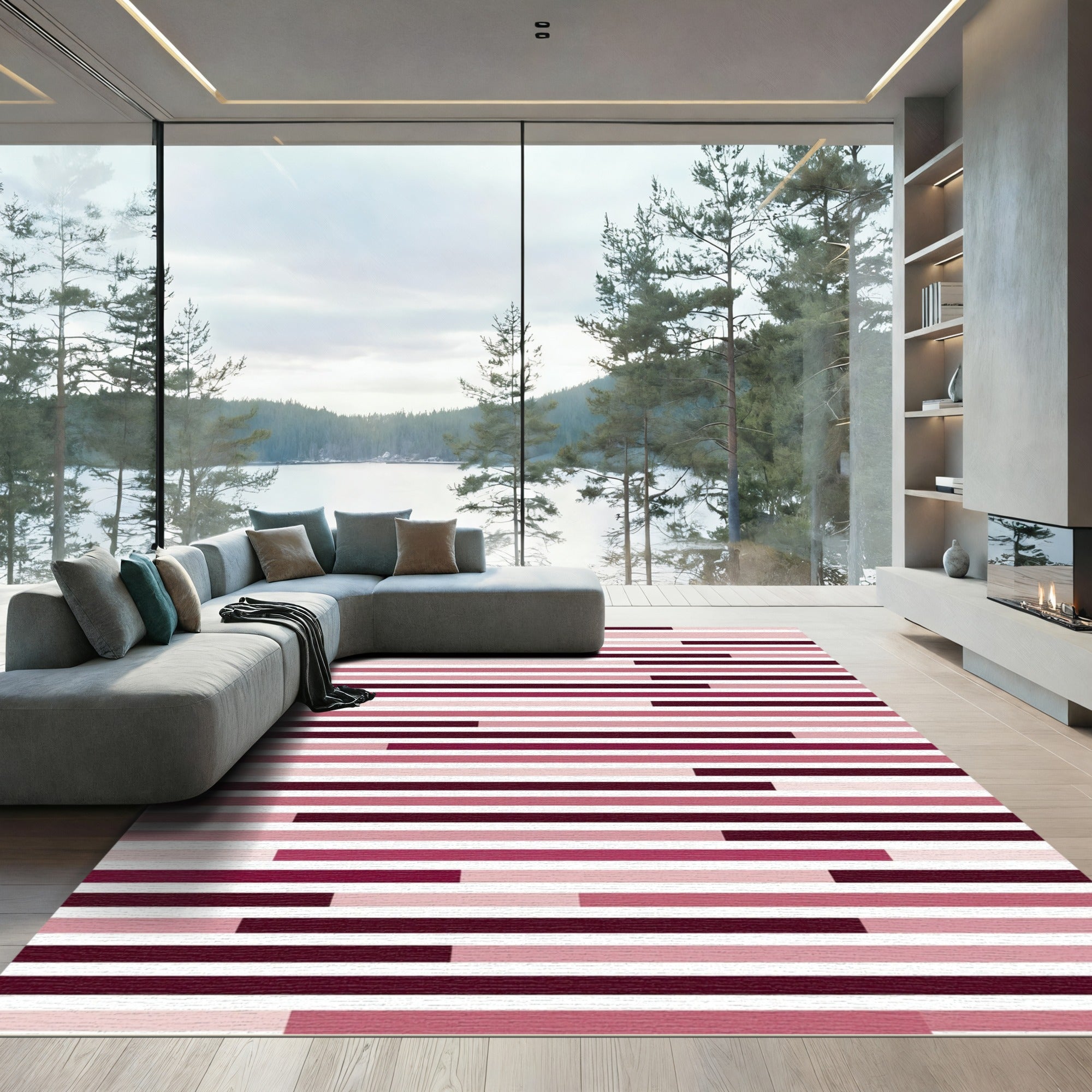Modern Pink and Burgundy Striped Art Rug
