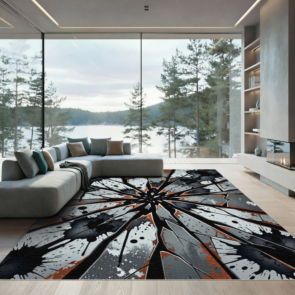 Shattered Monochrome Industrial Grunge Abstract Rug