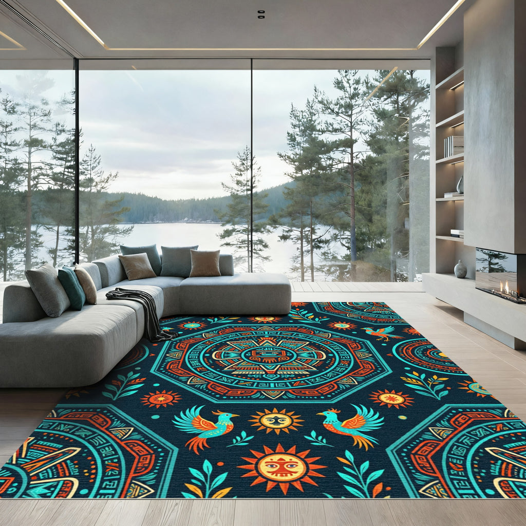 Aztec Sun and Bird Geometric Tapestry Rug