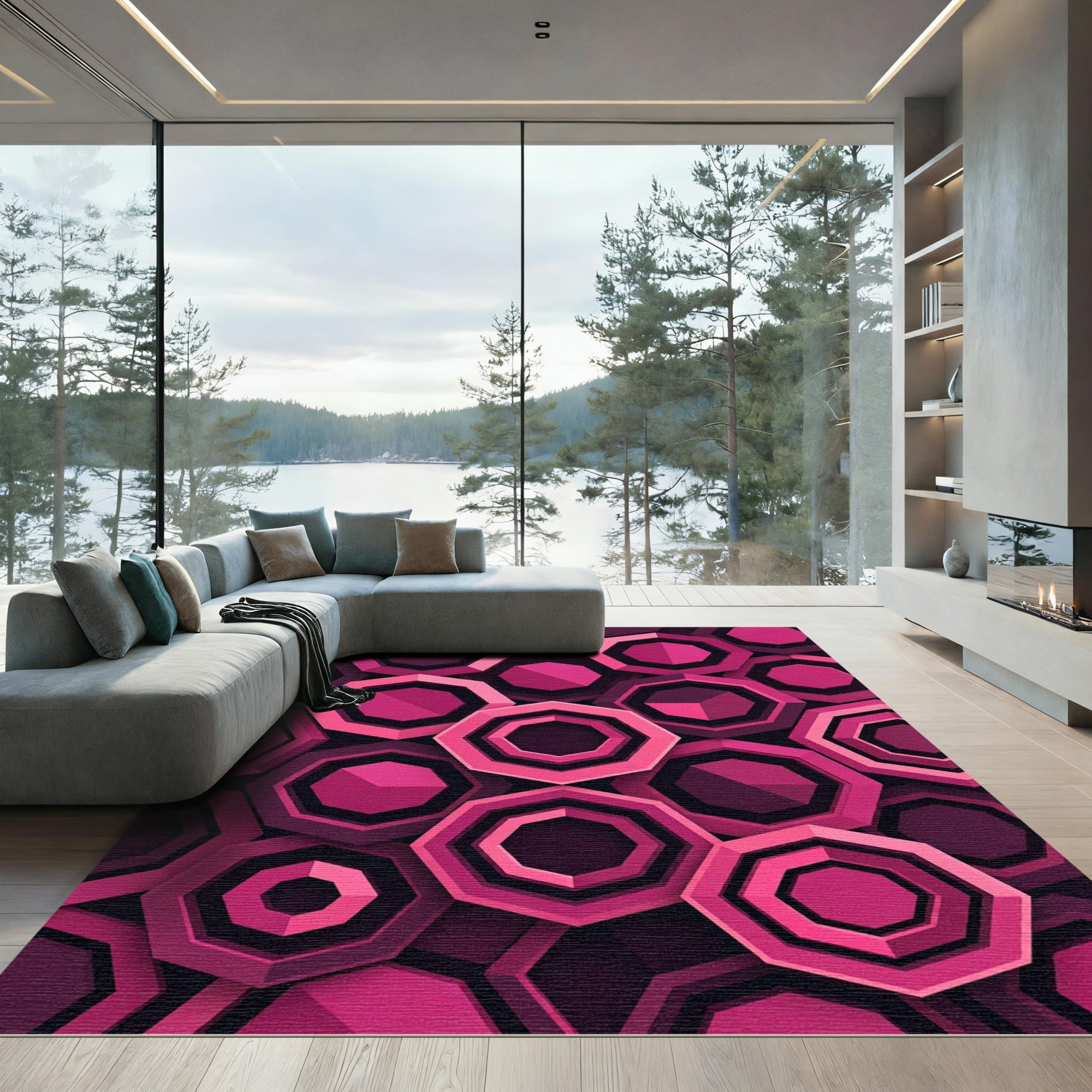 Vibrant Magenta Geometric Hexagon Layered Art Rug
