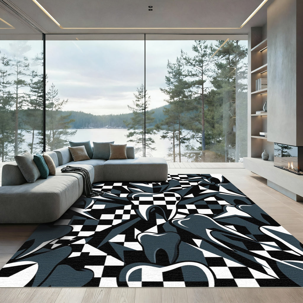 Monochrome Abstract Tooth Checkered Art Rug