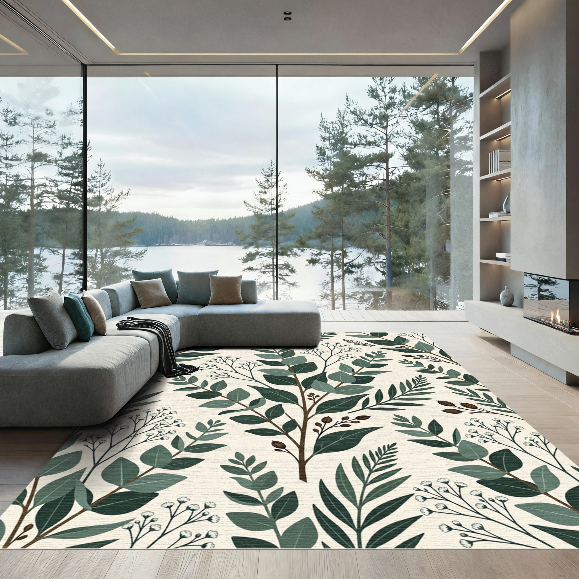 Forest Green Branch Botanical Layout Rug