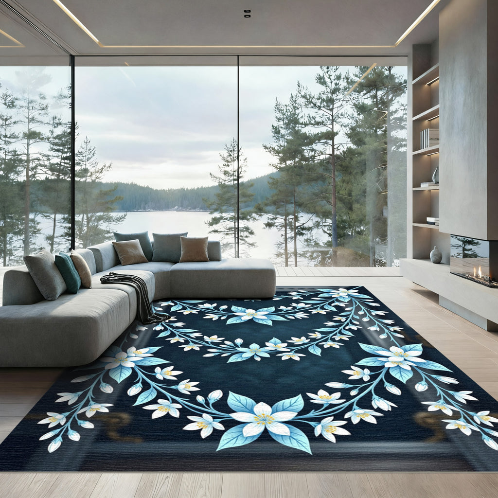 Elegant Blue Floral Garlands on Navy Rug