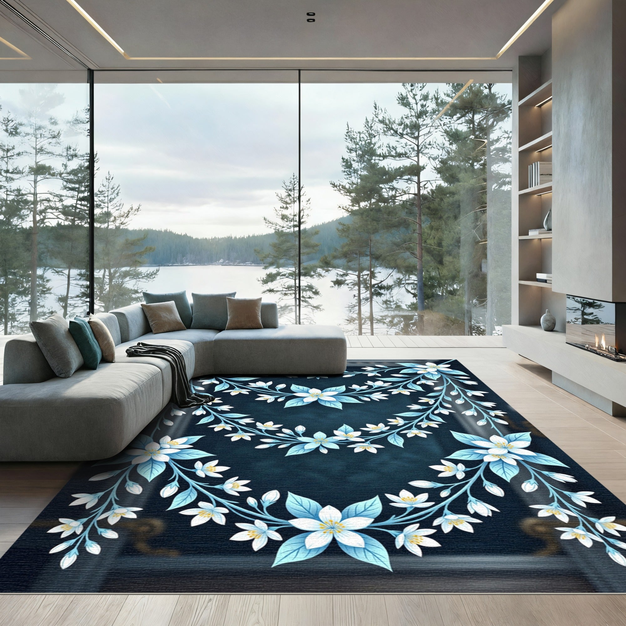 Elegant Blue Floral Garlands on Navy Rug
