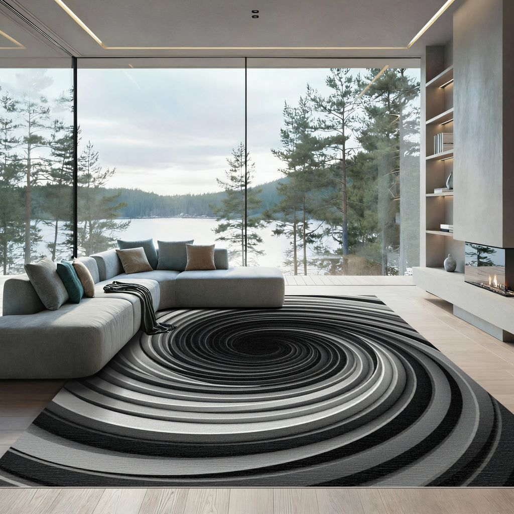 Monochrome Hypnotic Vortex Infinity Swirl Rug