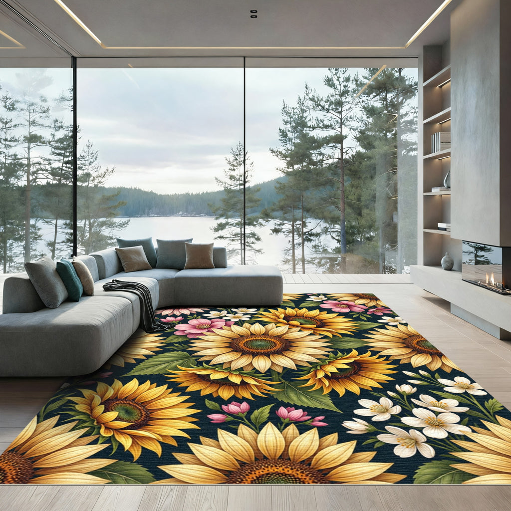 Sunflowers with Pink Blossoms Floral Arrangement Rug