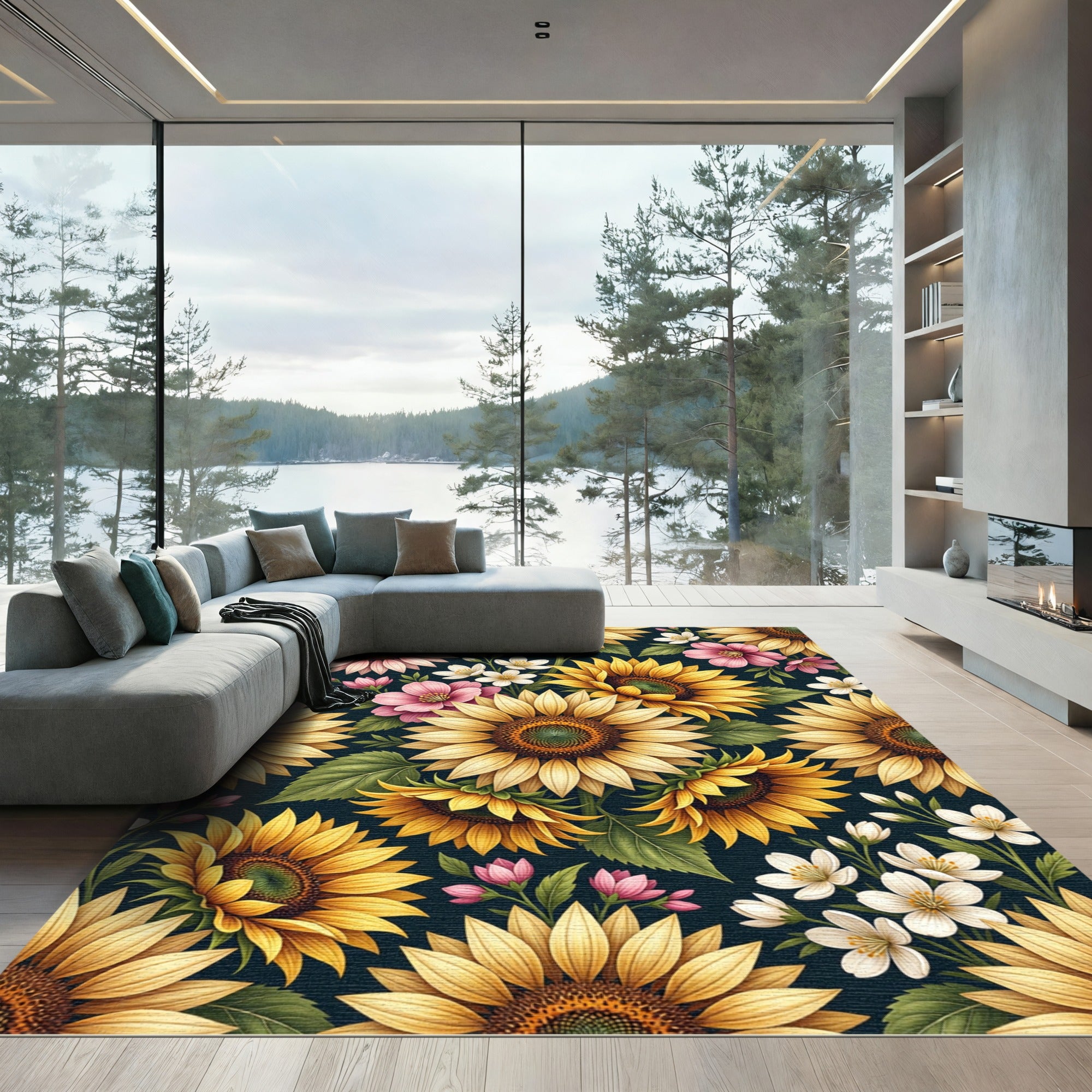 Sunflowers with Pink Blossoms Floral Arrangement Rug
