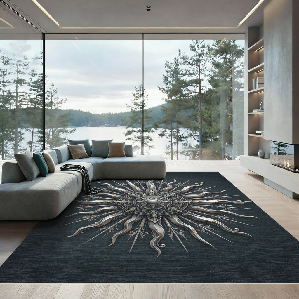 Ornate Silver Celestial Sun Burst Rug