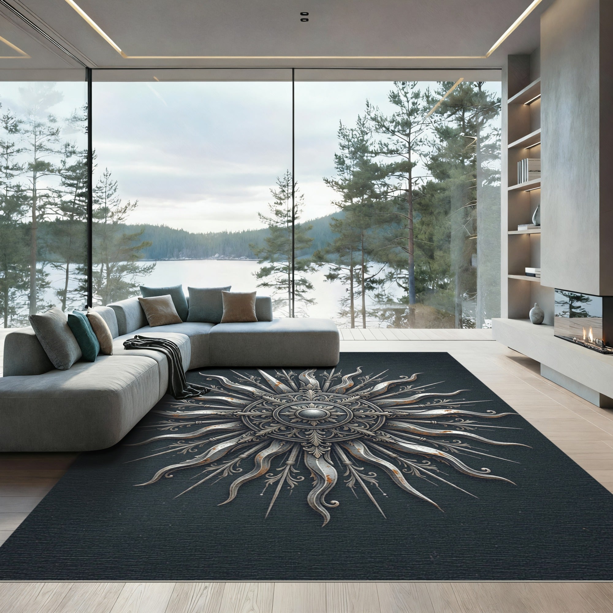 Ornate Silver Celestial Sun Burst Rug