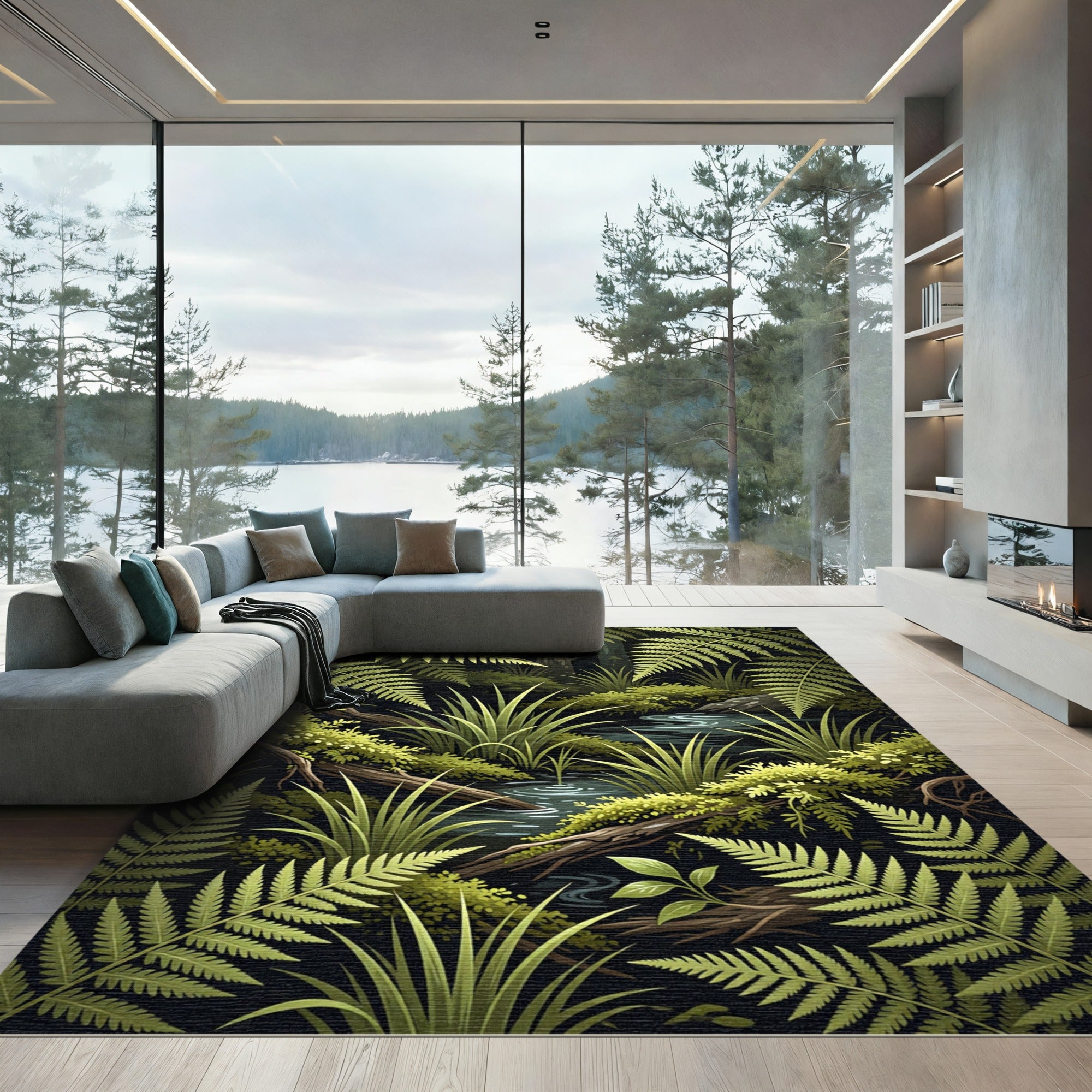 Lush Green Tropical Fern Forest Rug