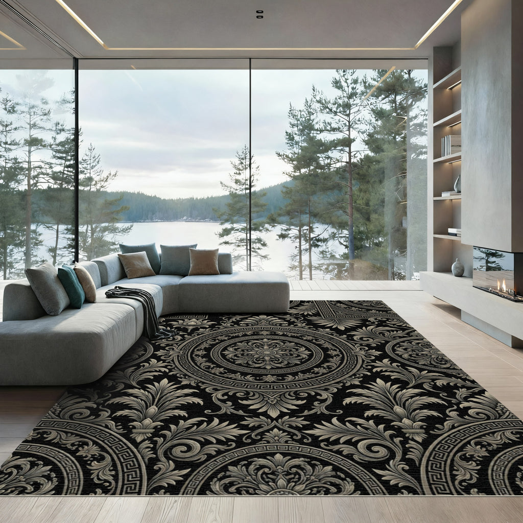 Ornate Black Beige Floral Medallion Rug