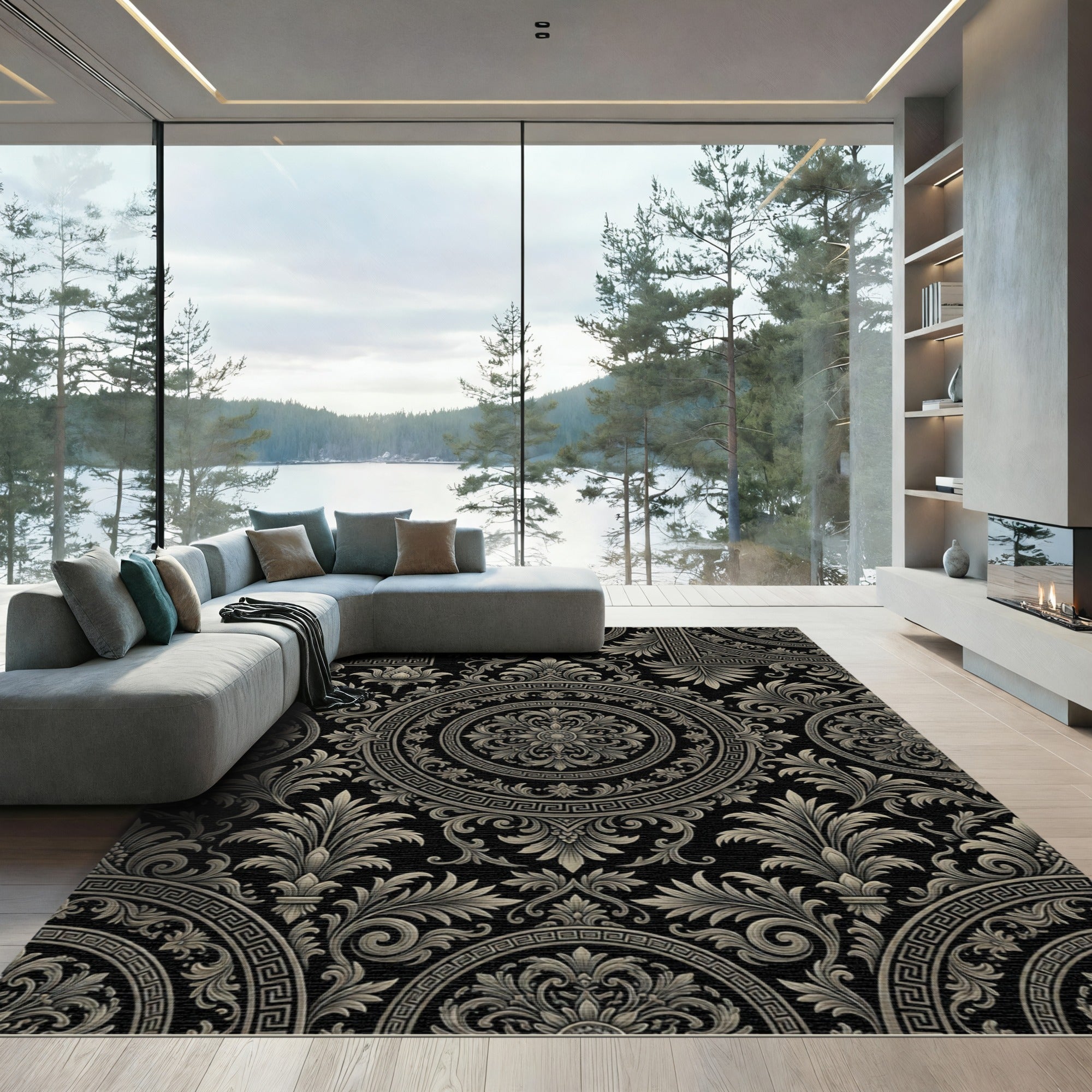 Ornate Black Beige Floral Medallion Rug