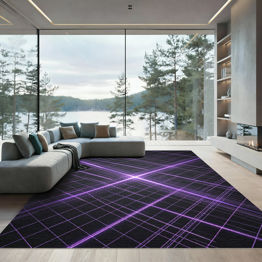 Luminous Purple Cyber Grid Lines Rug
