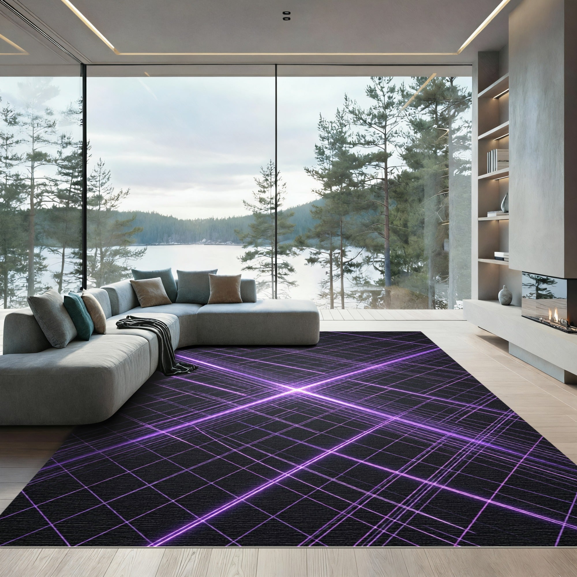 Luminous Purple Cyber Grid Lines Rug