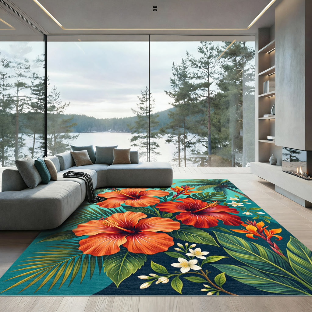 Vibrant Tropical Hibiscus Palm Leaf Art Rug