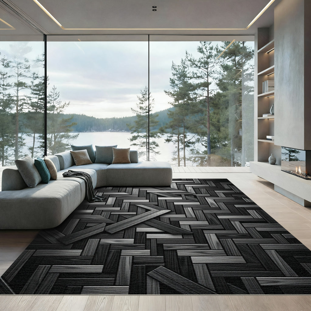 Monochrome Geometric Wood Plank Art Rug