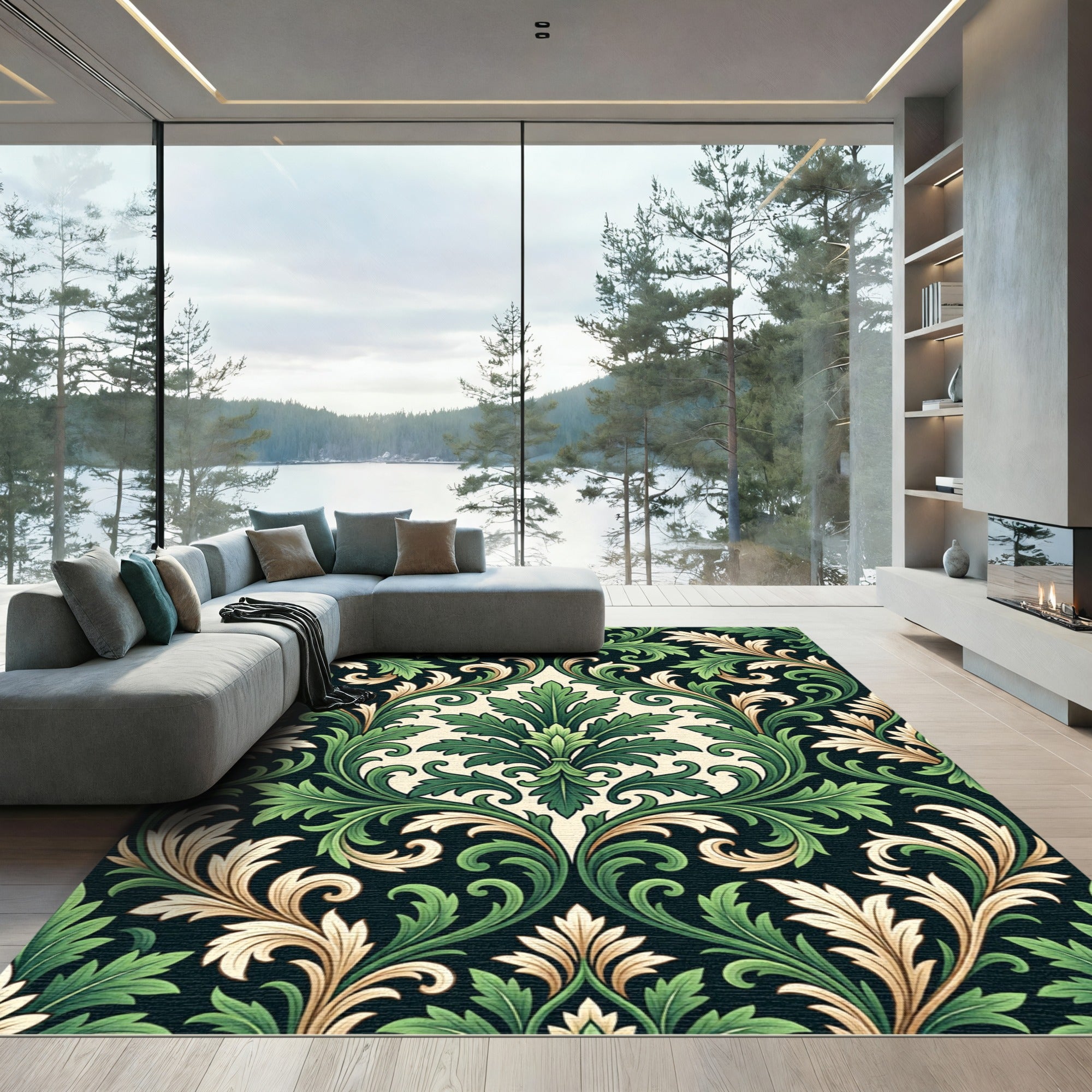 Vivid Green and Beige Acanthus Scroll Rug
