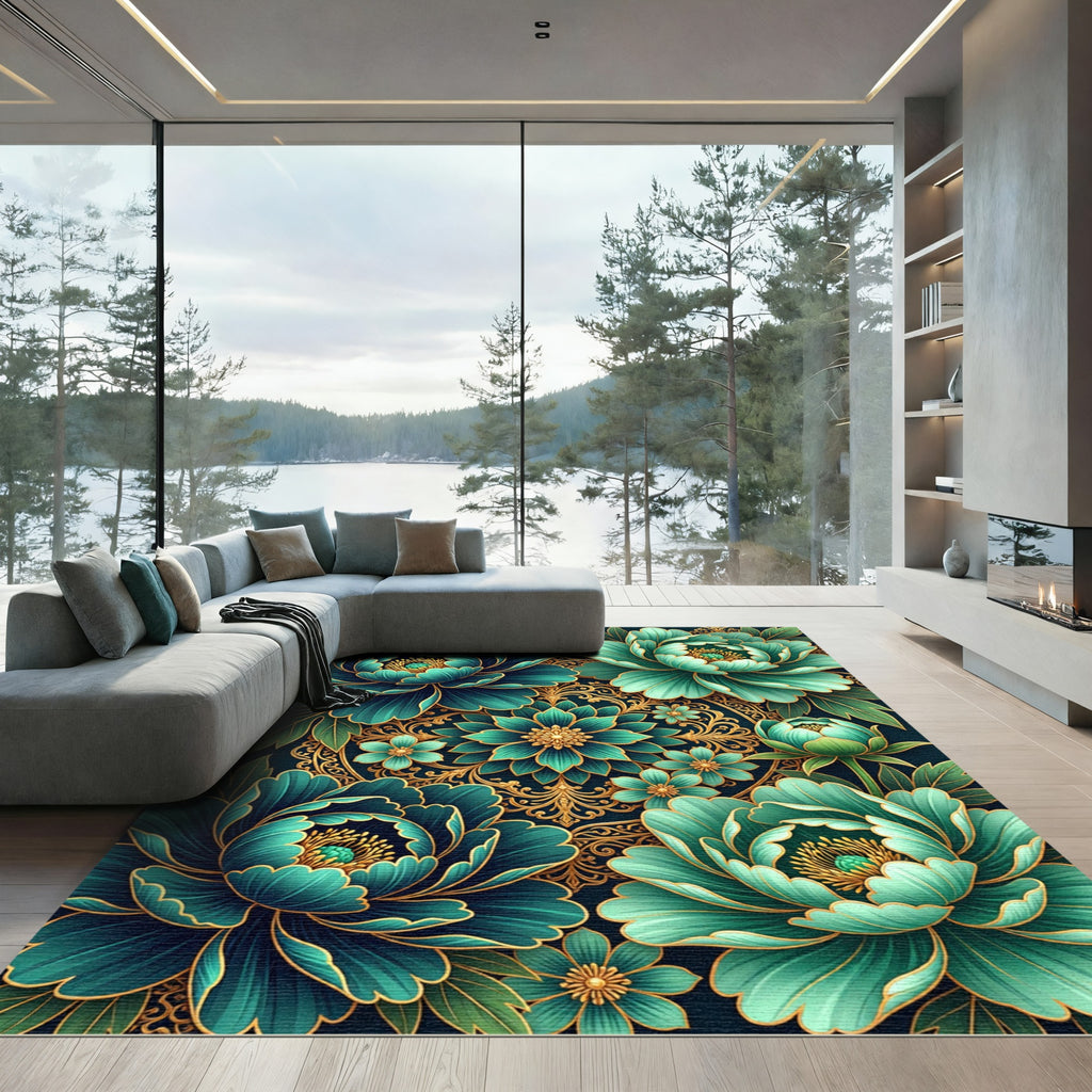 Emerald Teal Floral Gold Scrolls Rug