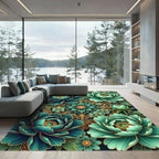 Emerald Teal Floral Gold Scrolls Rug