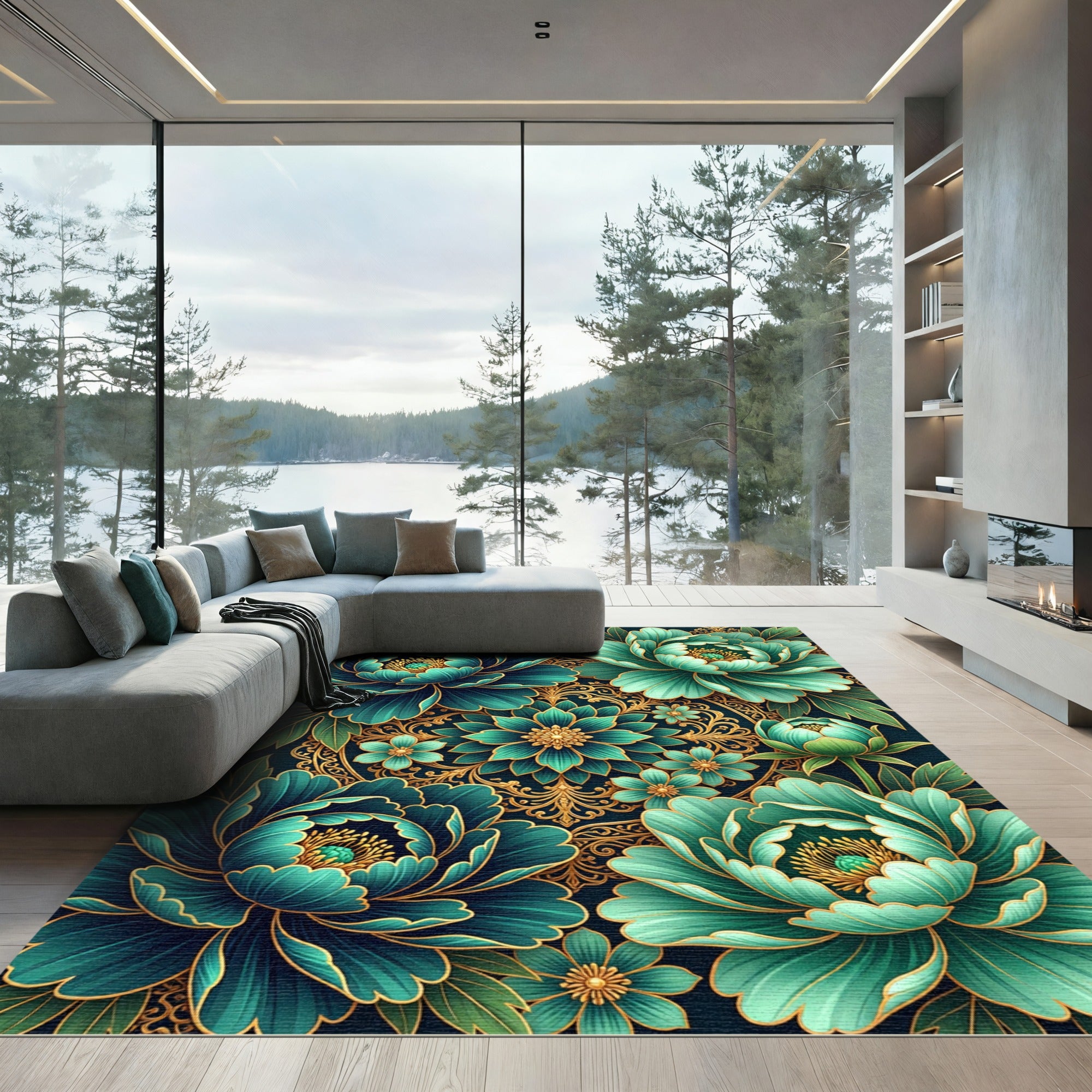 Emerald Teal Floral Gold Scrolls Rug