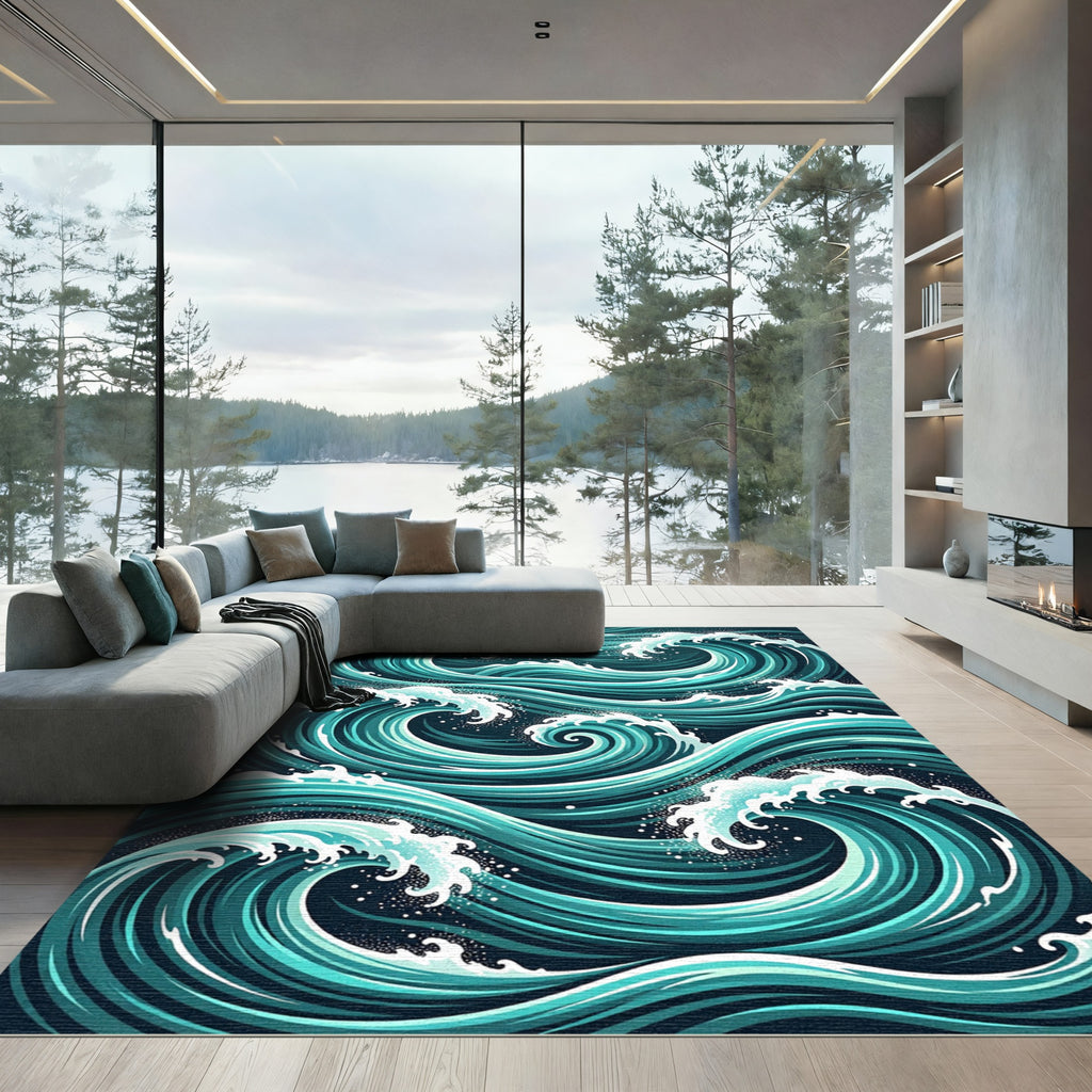 Dynamic Ocean Swell Teal Wave Art Rug