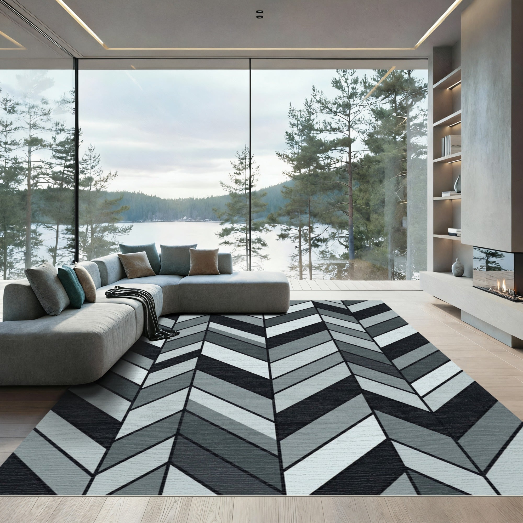 Monochromatic Gray Herringbone Geometric Rug