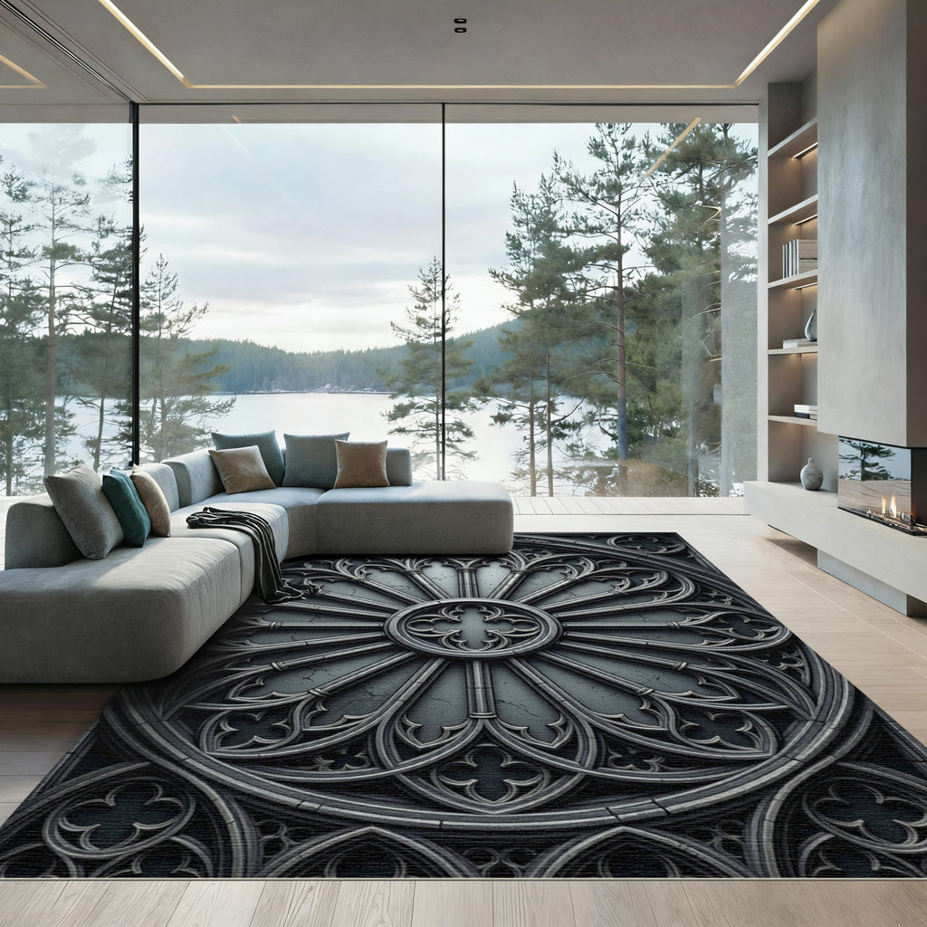 Gothic Charcoal Architectural Rose Medallion Rug