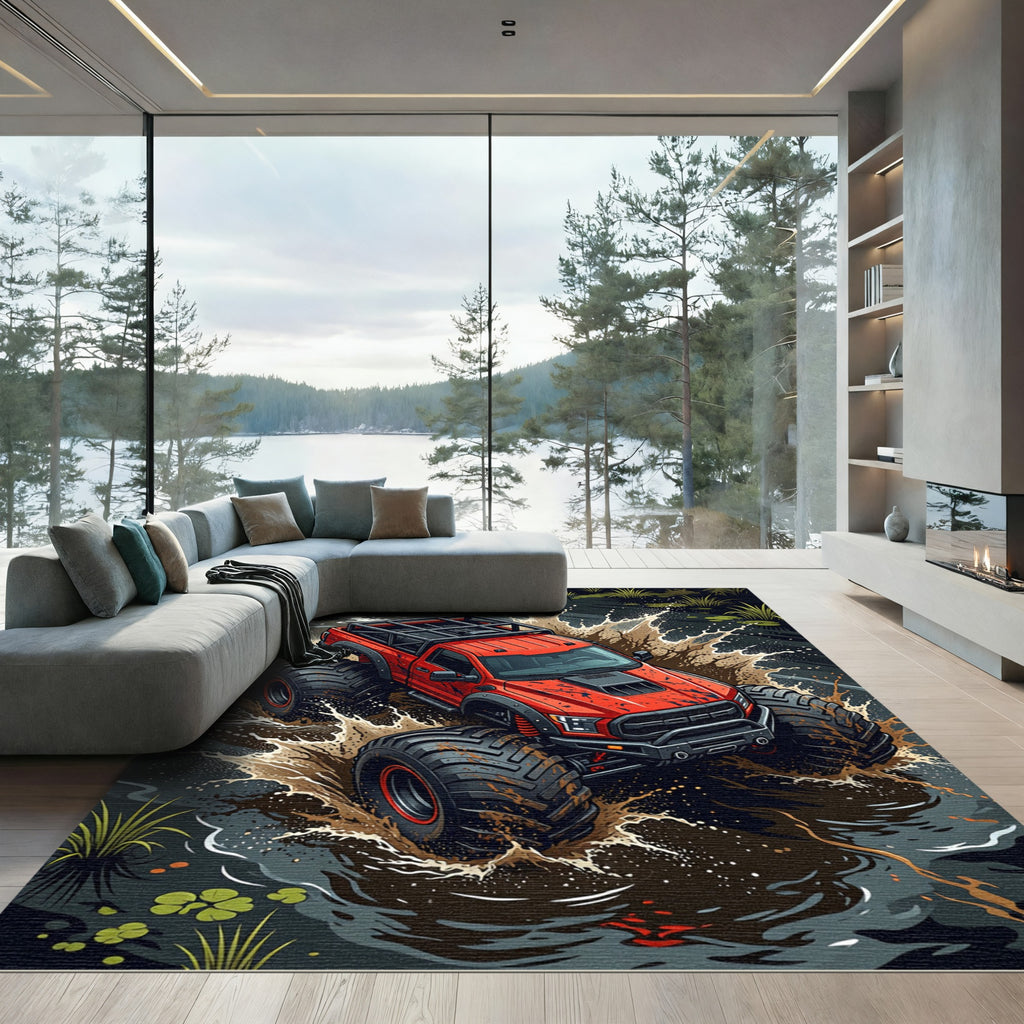 Dynamic Red Offroad Monster Truck Splash Rug