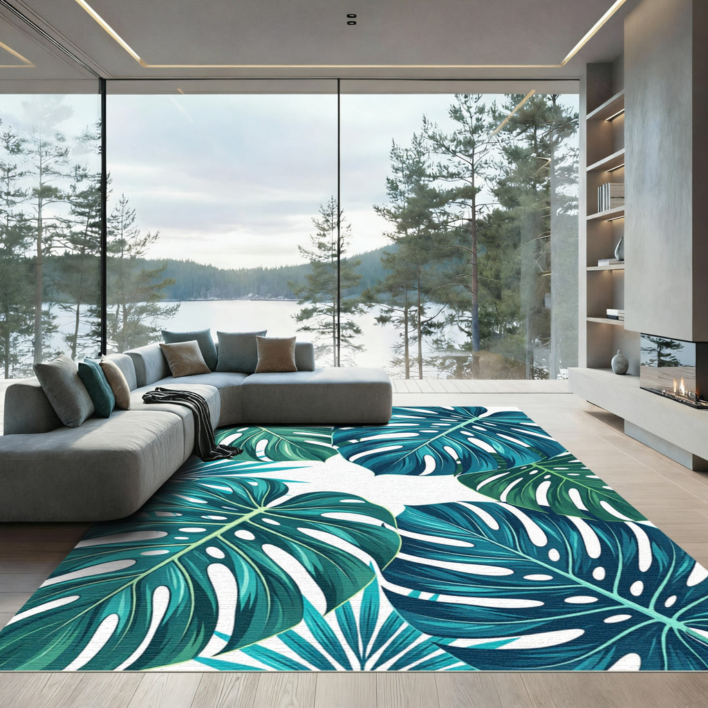 Deep Teal Tropical Leaf Abundance Rug