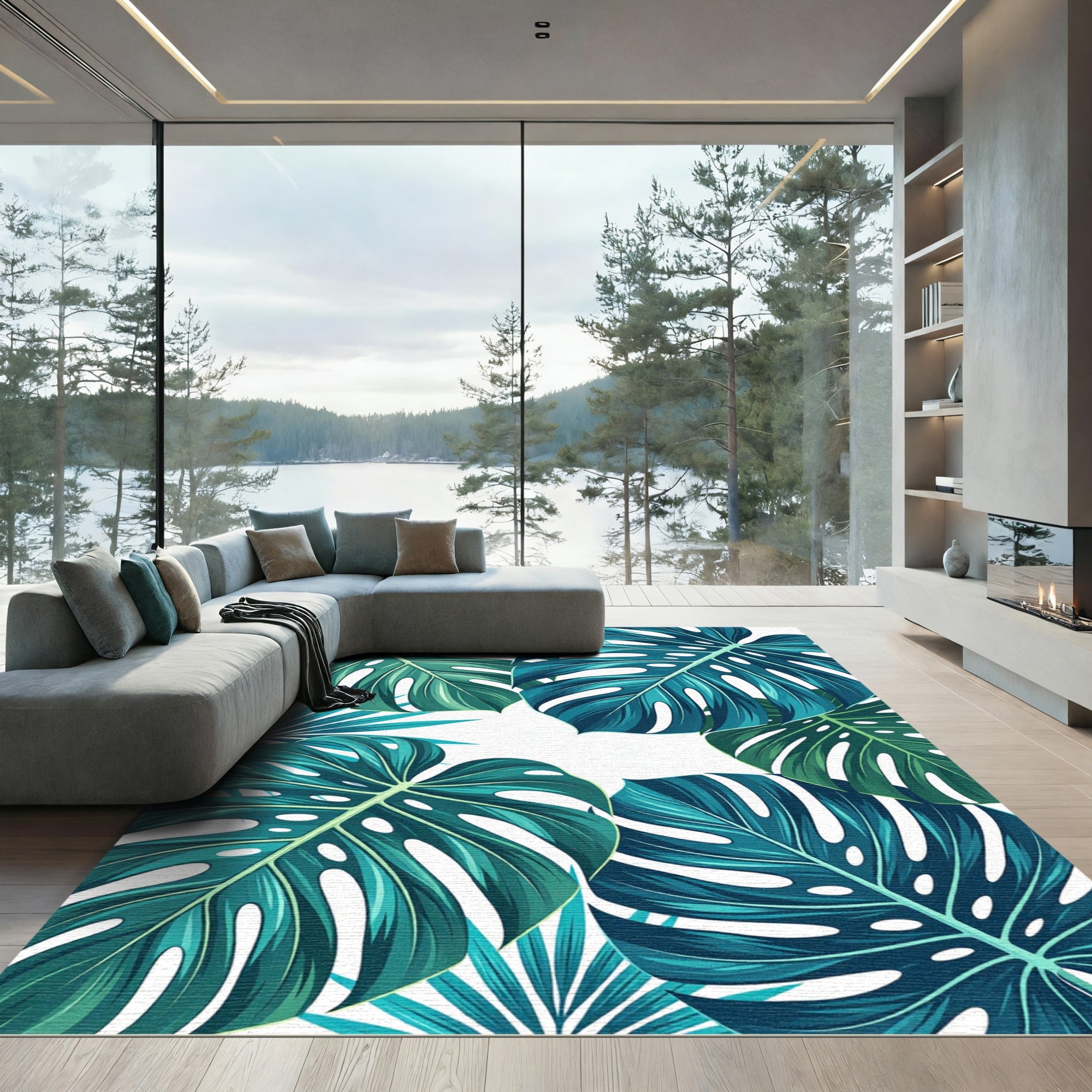 Deep Teal Tropical Leaf Abundance Rug